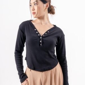 AIJO| Irish Vneck Longsleeve - Atasan Lengan Panjang Wanita - Atasan Vneck Wanita Rib Baju Fit Kerah Nyaman Pink Hitam Melar Polos Lembut Putih Kaos Unik