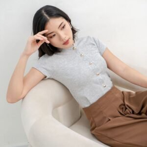 AIJO | Abell Button Top - Atasan Wanita Oneck Top Bodyfit Lengan Pendek Kekinian Korean Style